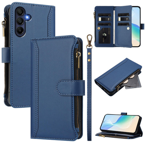 Samsung Galaxy A16 5G Magnetic Closure 9 Card Slots Zipper Leather Case with Hand Strap - Dark Blue